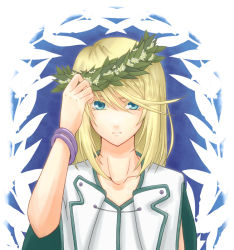 Rule 34 | 00s, 1boy, blonde hair, blue background, blue eyes, bracelet, capelet, flower, jewelry, mithos yggdrasill, short hair, tales of (series), tales of symphonia