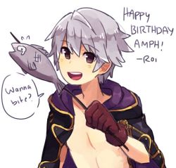 Rule 34 | 1boy, blush, cape, english text, fire emblem, fire emblem awakening, fire emblem heroes, fish, gloves, hood, looking at viewer, male focus, nintendo, open mouth, robin (fire emblem), robin (male) (fire emblem), roirence, short hair, simple background, smile, white background, white hair