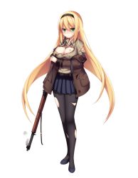 Rule 34 | 1girl, black pantyhose, blonde hair, breasts, cleavage, full body, girls&#039; frontline, green eyes, green necktie, gun, haluka (aixioo), hat, highres, jacket, large breasts, long hair, m1 garand, m1 garand (girls&#039; frontline), necktie, official art, pantyhose, personification, pleated skirt, rifle, shirt, skirt, solo, suspender skirt, suspenders, torn clothes, torn pantyhose, torn shirt, transparent background, weapon