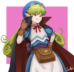 Rule 34 | 1girl, apron, blonde hair, blue hat, brown bag, cape, closed mouth, curly hair, fang, gloves, goggles, goggles on head, hat, long hair, looking at viewer, marivel armitage, pointy ears, red eyes, simple background, smile, solo, tuzi717, vampire, wild arms, wild arms 2
