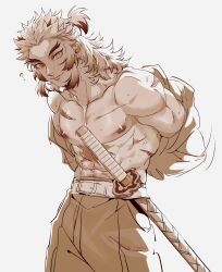 Rule 34 | 1boy, ?, abs, arms behind back, commentary, cowboy shot, english commentary, greyscale, highres, katana, kimetsu no yaiba, male focus, monochrome, muscular, muscular male, orange eyes, pectorals, rengoku kyoujurou, scar, scar on arm, scar on chest, scar on stomach, sepia, short ponytail, solo, spot color, sword, tariah furlow, undressing, weapon