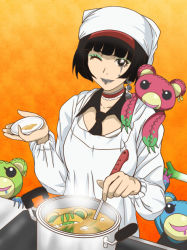 Rule 34 | 10s, 1girl, banboro (technobot), black hair, bob cut, cooking, earrings, female focus, food, gradient background, jewelry, kriem, lipstick, mad bear (tiger &amp; bunny), makeup, necktie, one eye closed, short hair, solo, soup, tattoo, tiger &amp; bunny, wink