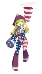 Rule 34 | 1girl, :o, absurdres, alternate hair length, alternate hairstyle, american flag, american flag legwear, arm up, armpits, bare shoulders, blonde hair, breasts, clownpiece, clownpiece (cosplay), colored skin, cosplay, facial mark, flandre495, forehead jewel, forehead mark, frills, full body, fusion, green eyes, green skin, hat, highres, leotard, long hair, looking up, open mouth, pantyhose, peridot (steven universe), small breasts, solo, star (symbol), star print, steven universe, striped clothes, striped pantyhose, touhou, transparent background, tricorne, unitard, united states, wavy hair