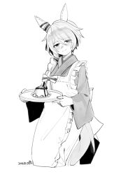 Rule 34 | 1girl, absurdres, alternate costume, animal ears, breasts, dated, food, hair between eyes, hair ornament, highres, holding, horse ears, horse tail, k.s.miracle (umamusume), looking at viewer, maid, monochrome, plate, pudding, saramiao-chan, short hair, small breasts, smile, solo, tail, tray, umamusume, wa maid