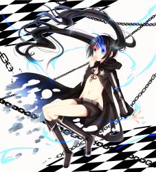 Rule 34 | 10s, 1girl, bad id, bad pixiv id, belt, bikini, bikini top only, black bikini, black hair, black rock shooter, black rock shooter (character), blue eyes, boots, chain, covering face, covering own mouth, covering privates, front-tie top, glowing, glowing eye, glowing eyes, groin, highres, jacket, kishi naon, long hair, navel, scar, shorts, solo, star (symbol), stitches, swimsuit, torn clothes, twintails