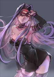 Rule 34 | 1girl, arm up, bare shoulders, blindfold, breasts, collar, creayus, facial mark, fate/stay night, fate (series), forehead mark, long hair, looking at viewer, medusa (fate), medusa (rider) (fate), one eye covered, purple hair, solo, square pupils, thighhighs, very long hair