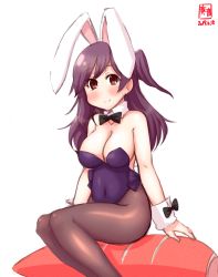 Rule 34 | 1girl, ahoge, alternate costume, animal ears, artist logo, black bow, black bowtie, black eyes, black pantyhose, bow, bowtie, breasts, carrot, cleavage, clenched hand, commentary request, cushion, dated, detached collar, fake animal ears, feet out of frame, hagikaze (kancolle), hair over shoulder, highres, kanon (kurogane knights), kantai collection, leotard, long hair, looking at viewer, medium breasts, one side up, pantyhose, playboy bunny, purple hair, purple leotard, rabbit ears, rabbit tail, simple background, sitting, smile, solo, strapless, strapless leotard, tail, white background, wrist cuffs