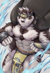 Rule 34 | 1boy, abs, ainu clothes, animal ears, bara, bulge, chest hair, furry, furry male, grey fur, grey hair, headband, highres, horkeu kamui, jacket, jacket on shoulders, large pectorals, male focus, multicolored hair, muscular, muscular male, navel, navel hair, nipples, no male underwear, no shirt, pectorals, pelvic curtain, short hair, solo, stomach, taki kaze, testicle peek, thick thighs, thighs, tokyo houkago summoners, topless male, two-tone fur, two-tone hair, white fur, wolf boy, wolf ears, yellow eyes