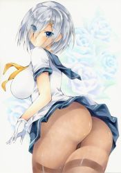 Rule 34 | ass, blue eyes, blue flower, blue rose, breasts, cowboy shot, eyes visible through hair, flower, gloves, hair ornament, hair over one eye, hairclip, hamakaze (kancolle), impossible clothes, impossible shirt, kantai collection, large breasts, looking at viewer, looking back, neckerchief, pantyhose, pleated skirt, purple flower, purple rose, rose, school uniform, serafuku, shirt, short hair, silver hair, skirt, thingtng (sgma7424), white gloves, yellow neckerchief