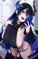 Rule 34 | 1girl, absurdres, bare shoulders, black hair, blush, breasts, cellphone, detached sleeves, hair over one eye, highres, hololive, hololive english, horns, large breasts, long hair, looking at viewer, meme attire, nerissa ravencroft, open mouth, phone, red eyes, sideboob, smile, solo, tofuubear, v, virgin destroyer sweater, virtual youtuber, white background