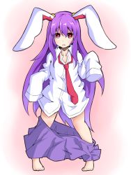 Rule 34 | 1girl, age regression, animal ears, barefoot, child, ishimu, long hair, necktie, oversized clothes, purple hair, rabbit ears, red eyes, red necktie, reisen udongein inaba, shirt, solo, touhou, very long hair, aged down