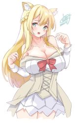 Rule 34 | 1girl, animal ears, blonde hair, blue eyes, braid, breasts, calin, cat ears, cleavage, commentary request, corset, cowboy shot, dated, dress, french braid, highres, kantai collection, large breasts, long hair, long sleeves, looking at viewer, off-shoulder dress, off shoulder, one-hour drawing challenge, red ribbon, ribbon, signature, simple background, solo, warspite (kancolle), white background, white dress