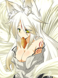 Rule 34 | 1girl, animal ears, breasts, cleavage, food, fox ears, fox tail, goma (gomasamune), green eyes, inarizushi, large breasts, long hair, looking at viewer, mouth hold, multiple tails, original, solo, sushi, tail, white hair