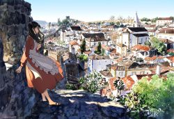 Rule 34 | 1girl, apron, black footwear, black hair, blue sky, day, dress, highres, long hair, looking to the side, orange dress, original, outdoors, plant, portugal, profile, real world location, scenery, shadow, shoes, signature, sky, solo, standing, tree, umishima senbon, village, wall