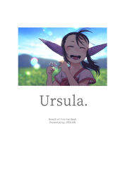 Rule 34 | 1girl, :d, ^ ^, black hair, blurry, blurry background, blush, breath of fire, breath of fire iv, closed eyes, cover, cover page, facing viewer, flower, highres, holding, holding flower, long pointy ears, open mouth, pointy ears, short sleeves, sidelocks, smile, solo, ursula (breath of fire), yosaku (roach)