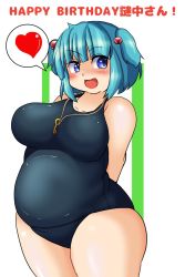 Rule 34 | 1girl, :d, arms behind back, bare shoulders, blue eyes, blue hair, blush, breasts, fat, fat rolls, hair bobbles, hair ornament, heart, highres, kawashiro nitori, key, key necklace, large breasts, looking at viewer, matching hair/eyes, necklace, nerizou, one-piece swimsuit, open mouth, short hair, simple background, smile, solo, spoken heart, striped, striped background, swimsuit, thick thighs, thighs, touhou, two side up, wide hips
