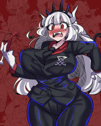 Rule 34 | 1girl, blush, breasts, champagne flute, collared shirt, crazy agong, cup, demon girl, demon horns, demon tail, drinking glass, formal, gloves, helltaker, highres, horns, jacket, large breasts, long hair, looking at viewer, lucifer (helltaker), necktie, red eyes, shirt, solo, suit, suit jacket, tail, white gloves, white hair, white horns, wine glass