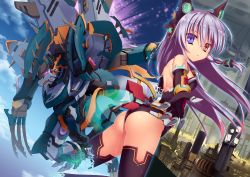 Rule 34 | 1girl, animal ears, ass, black thighhighs, blue eyes, bodysuit, cat ears, cityscape, elbow gloves, fake animal ears, from behind, gloves, heterochromia, highres, leotard, looking at viewer, looking back, machinery, mecha, original, outstretched arm, pink eyes, purple hair, purple thighhighs, robot, robot ears, symbol-shaped pupils, tail, thighhighs, yuzu modoki