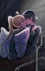 Rule 34 | 2girls, absurdres, ahoge, angel wings, black hoodie, black shirt, blonde hair, blue hair, bocchi the rock!, bottle, canis428, chinese commentary, closed eyes, collared shirt, crying, dress shirt, earrings, feathered wings, french kiss, half-closed eyes, hand in another&#039;s hair, hand on another&#039;s cheek, hand on another&#039;s face, highres, hood, hoodie, ijichi nijika, jewelry, kiss, long hair, mole, mole under eye, multiple girls, ponytail, profile, shirt, short hair, side ponytail, sidelocks, standing, tears, wings, yamada ryo, yuri