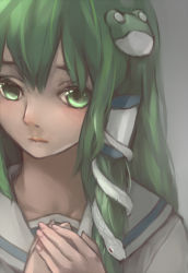 Rule 34 | 1girl, alternate costume, bad id, bad pixiv id, close-up, collarbone, dark, eyelashes, female focus, fingernails, frog hair ornament, green eyes, green hair, green theme, grey background, hair between eyes, hair ornament, hair tubes, hands on own chest, kochiya sanae, lipgloss, lips, long hair, looking at viewer, matching hair/eyes, nose, own hands together, portrait, sad, school uniform, serafuku, simple background, snake, solo, touhou, upper body, xiao qiang (overseas)