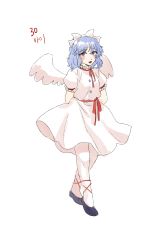 Rule 34 | 1girl, absurdres, angel wings, arms behind back, black footwear, blue eyes, blue hair, blush, bow, breasts, buttons, commentary request, derivative work, dress, feathered wings, full body, hair bow, highres, korean commentary, kuya (hey36253625), leg strap, looking at viewer, mai (touhou), medium hair, mystic square, open mouth, puffy short sleeves, puffy sleeves, red ribbon, red sash, ribbon, sash, short sleeves, simple background, small breasts, touhou, touhou (pc-98), translation request, white background, white bow, white dress, white wings, wings
