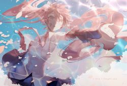 Rule 34 | 1girl, bare shoulders, black skirt, cherry blossoms, cloud, cloudy sky, commentary, detached sleeves, english text, hatsune miku, highres, long hair, necktie, outstretched arm, parted lips, petals, petals on liquid, pink eyes, pink hair, pink necktie, pink sleeves, reflection, saihate (d3), sakura miku, shirt, shoulder tattoo, skirt, sky, sleeveless, sleeveless shirt, solo, tattoo, twintails, upper body, very long hair, vocaloid, water surface, white shirt, wide-eyed