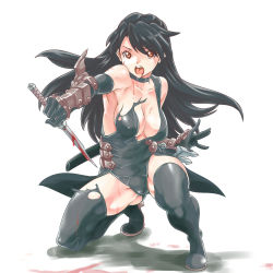 Rule 34 | 1girl, armpits, black hair, blood, breasts, choker, cleavage, elbow gloves, gloves, hekeniko, highres, kneeling, knife, large breasts, leotard, long hair, original, red eyes, solo, squatting, thighhighs, torn clothes