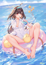 Rule 34 | 1girl, ahoge, artist name, atdan, azur lane, bare legs, barefoot, bikini, bird, black bikini, blue sky, breasts, brown hair, buttons, chick, cleavage, cloud, collarbone, collared shirt, commentary, cup, day, disposable cup, dress shirt, drinking straw, feet, hairband, highres, holding, holding cup, horizon, independence (azur lane), innertube, large breasts, long hair, looking at viewer, low ponytail, manjuu (azur lane), ocean, outdoors, partially unbuttoned, red eyes, see-through, shirt, sidelocks, sky, slit pupils, solo, swim ring, swimsuit, thighs, very long hair, water, wet, wet clothes, wet shirt, white shirt