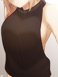 Rule 34 | 1girl, alternate costume, armpits, bad id, bad pixiv id, bare shoulders, black sweater, blonde hair, breasts, closed mouth, fate/grand order, fate (series), gradient background, grey background, head out of frame, highres, jeanne d&#039;arc (fate), jeanne d&#039;arc alter (avenger) (fate), jeanne d&#039;arc alter (fate), medium breasts, meme attire, ramchi, short hair, sideboob, signature, sleeveless, sleeveless turtleneck, solo, sweater, turtleneck, upper body, virgin killer sweater