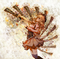 Rule 34 | 10s, 1girl, bad id, bad pixiv id, beret, blonde hair, boots, brown thighhighs, corset, detached sleeves, drill hair, fingerless gloves, gloves, gun, hair ornament, hairpin, hat, long hair, magical girl, magical musket, mahou shoujo madoka magica, mahou shoujo madoka magica (anime), nitou akane, pleated skirt, profile, puffy sleeves, ribbon, rifle, shirt, skirt, solo, striped clothes, striped thighhighs, taut clothes, taut shirt, thighhighs, tomoe mami, twin drills, twintails, vertical-striped clothes, vertical-striped thighhighs, weapon, yellow eyes, zettai ryouiki