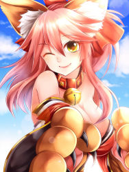 Rule 34 | 1girl, absurdres, animal ears, animal hands, bell, breasts, cleavage, collar, day, fate/grand order, fate (series), fox ears, fox tail, hair ribbon, highres, large breasts, long hair, looking at viewer, neck bell, one eye closed, outdoors, pink hair, ribbon, solo, tail, tamamo (fate), tamamo cat (fate), tamamo cat (first ascension) (fate), tamamo no mae (fate/extra), yellow eyes