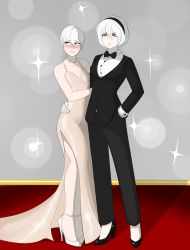 Rule 34 | 1boy, 1girl, absurdres, androgynous, android, arm around waist, black suit, blue eyes, blush, bow, bowtie, couple, crossdressing, dress, embarrassed, formal, hairband, high heels, highres, jacket, jewelry, long legs, makeup, mole, mole under mouth, nervous, nier (series), nier:automata, role reversal, sealguy, shirt, suit, sweatdrop, trap, white dress, white hair, white shirt, wrist cuffs, 2b (nier:automata), 9s (nier:automata)