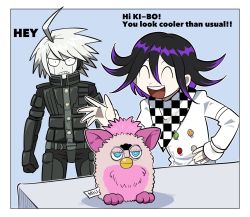 Rule 34 | 2boys, :d, ahoge, android, angry, bad id, bad twitter id, blue background, border, checkered clothes, checkered scarf, clenched teeth, commentary, danganronpa (series), danganronpa v3: killing harmony, frown, furby, furukawa (yomawari), grey hair, hand up, highres, jacket, k1-b0, long sleeves, male focus, multiple boys, open mouth, oma kokichi, pale skin, scarf, smile, standing, straitjacket, teeth, white border, white jacket, wide-eyed