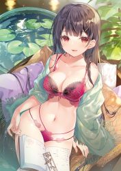 Rule 34 | 1girl, bare shoulders, black hair, book, bra, breasts, chair, cleavage, collarbone, dengeki moeou, hair ornament, hairclip, highres, lace, lace-trimmed bra, lace trim, large breasts, lily pad, lingerie, long hair, looking at viewer, miwabe sakura, multi-strapped panties, navel, off shoulder, open book, open mouth, original, panties, red bra, red eyes, red panties, sitting, smile, solo, stomach, string bra, string panties, thighs, underwear, underwear only