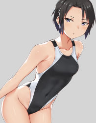 Rule 34 | 1girl, black eyes, black hair, breasts, competition swimsuit, cowboy shot, grey background, hashi, highleg, highleg swimsuit, leaning forward, looking at viewer, one-piece swimsuit, original, short hair, simple background, small breasts, solo, standing, swimsuit
