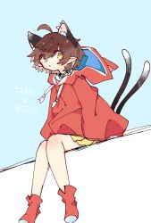 1girl :/ adapted_costume ahoge animal_ear_fluff animal_ear_piercing animal_ears bare_legs blue_background brown_hair cat_ears cat_tail chen commentary_request earrings extra_ears eyes_visible_through_hair full_body hair_between_eyes highres hood hoodie jewelry knee_blush knees_together_feet_apart looking_at_viewer multiple_tails nekomata no_headwear pointy_ears red_hoodie roamu_65 short_hair simple_background single_earring sitting solo swept_bangs tail touhou two_tails yellow_eyes