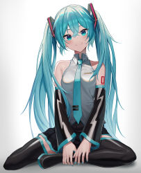 Rule 34 | 1girl, absurdres, aqua eyes, aqua hair, aqua nails, aqua necktie, bare shoulders, bib (bibboss39), boots, breasts, closed mouth, commentary, detached sleeves, fingernails, gradient background, grey background, hair between eyes, hatsune miku, highres, long hair, looking at viewer, medium breasts, nail polish, necktie, sitting, smile, solo, thigh boots, thighhighs, twintails, vocaloid
