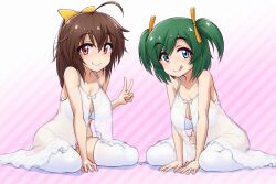 Rule 34 | 2girls, :q, ahoge, akai (riaakai), bare arms, bare shoulders, between legs, bikini, blue eyes, bow, breasts, brown hair, cleavage, closed mouth, collarbone, eyelashes, frame arms girl, full body, gennai ao, gradient background, green hair, hair between eyes, hair bow, hair ribbon, hand between legs, hand up, highres, kotobuki bukiko, large breasts, leaning forward, light blush, long hair, looking at viewer, multiple girls, red eyes, ribbon, see-through, short twintails, sitting, smile, string bikini, striped, striped background, swept bangs, swimsuit, thighhighs, tongue, tongue out, twintails, v, wariza, white bikini, white bow, white thighhighs, yellow bow, yellow ribbon