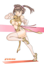 Rule 34 | 1girl, blush, breasts, brown eyes, brown hair, china dress, chinese clothes, clenched hand, dress, elbow gloves, fighting stance, gloves, kisaragi gunma, large breasts, long hair, midriff, navel, original, shoes, solo, standing, standing on one leg, thighhighs, twintails, underboob, white gloves, white thighhighs