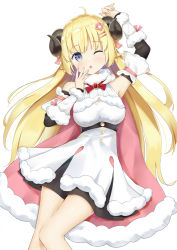 Rule 34 | 1girl, ahoge, arm up, blonde hair, blush, breasts, cleavage, cloak, detached sleeves, dress, fuji noyume, fur-trimmed dress, fur collar, fur trim, hair ornament, hand to own mouth, highres, hololive, horns, long hair, looking at viewer, medium breasts, one eye closed, parted lips, purple eyes, red neckwear, sheep girl, sheep horns, simple background, solo, straight hair, tears, thighs, tsunomaki watame, tsunomaki watame (1st costume), virtual youtuber, white background, white dress, yawning