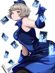 Rule 34 | 1girl, absurdres, armpit crease, bare shoulders, black pantyhose, blue dress, blue gloves, blue hat, blunt bangs, book, breasts, card, closed mouth, cowboy shot, dress, elizabeth (persona), gloves, grey hair, hat, highres, looking at viewer, medium breasts, mini hat, open book, pantyhose, persona, persona 3, persona 3 reload, s-m-53413, short hair, solo, white background, yellow eyes