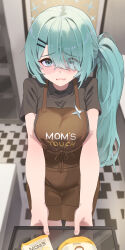 Rule 34 | 1girl, absurdres, apron, black shirt, blue archive, blush, breasts, brown apron, collared shirt, eyes visible through hair, green eyes, green hair, green halo, gubbi on, hair over one eye, halo, highres, hiyori (blue archive), holding, holding tray, large breasts, long hair, looking at viewer, mom&#039;s touch, open mouth, shirt, short sleeves, side ponytail, solo, tray
