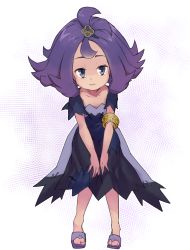 Rule 34 | 1girl, acerola (pokemon), armlet, closed mouth, collarbone, creatures (company), dress, elite four, flipped hair, game freak, hair ornament, highres, long hair, looking at viewer, nintendo, nyonn24, pokemon, pokemon sm, purple hair, sandals, short sleeves, simple background, slippers, smile, solo, topknot, trial captain, white background