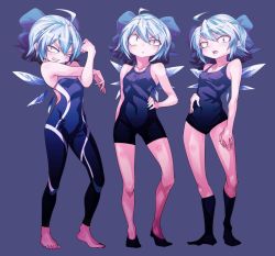 Rule 34 | 1girl, ahoge, alternate costume, bare arms, bare legs, barefoot, bike shorts, black socks, blue bow, blue hair, bodysuit, bow, cirno, commentary request, covered navel, feet, full body, hair between eyes, ice, ice wings, kneehighs, looking at viewer, one-piece swimsuit, school swimsuit, shimizu pem, simple background, socks, standing, swimsuit, touhou, variations, wings