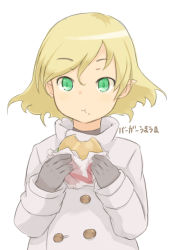 Rule 34 | 1boy, :t, blonde hair, burger, coat, eating, food, gloves, green eyes, long hair, lugh beowulf, mahou tsukai no yoru, male focus, pointy ears, simple background, trap, white background