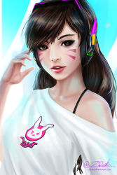 Rule 34 | &gt;:3, 1girl, :3, animal print, bare shoulders, brown eyes, brown hair, casual, character name, collarbone, d.va (overwatch), eyelashes, facepaint, facial mark, fingernails, hand on headphones, hand to head, hand up, headphones, highres, lipstick, long hair, looking at viewer, makeup, nose, off-shoulder shirt, off shoulder, overwatch, overwatch 1, parted lips, pink lips, rabbit print, revision, round teeth, shirt, short sleeves, signature, smile, solo, spaghetti strap, swept bangs, teeth, twitter username, upper body, v-shaped eyebrows, watermark, web address, whisker markings, white shirt, z-duke