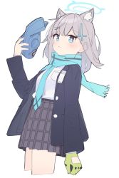 Rule 34 | 1girl, animal ear fluff, animal ears, balaclava, black skirt, blue archive, blue eyes, blue jacket, blue necktie, blush, closed mouth, cropped legs, cross hair ornament, gloves, green gloves, grey hair, hair ornament, halo, highres, jacket, kamo (kamonabe 44), long sleeves, looking at viewer, mask, unworn mask, medium hair, mismatched pupils, necktie, open clothes, open jacket, scarf, shiroko (blue archive), shirt, shirt tucked in, simple background, skirt, solo, white background, white shirt