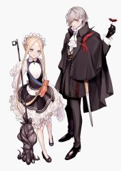 Rule 34 | 1boy, 1girl, abigail williams (fate), abigail williams (festival outfit) (fate), antonio salieri (fate), antonio salieri (masquerade of the vampire) (fate), antonio salieri (second ascension) (fate), ascot, black coat, black dress, black footwear, black pants, blonde hair, blue eyes, blush, butterfly hair ornament, candy, coat, dress, earrings, fate/grand order, fate (series), food, formal, full body, grey hair, hair ornament, hair over one eye, highres, holding, holding candy, holding food, jewelry, key, looking at viewer, pants, parted bangs, red eyes, simple background, sleeves past fingers, sleeves past wrists, smile, stuffed animal, stuffed toy, suit, sumi (gfgf 045), teddy bear, tentacles, tongue, tongue out, two-tone dress, white background, white dress
