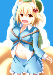 Rule 34 | 1girl, animal ears, backpack, bag, blonde hair, blush, bow, breasts, cosplay, female focus, fox ears, fox tail, hat, kawashiro nitori, kawashiro nitori (cosplay), large breasts, long sleeves, merry (diameri), midriff, multiple tails, navel, open mouth, red eyes, short hair, skirt, smile, solo, tail, touhou, twintails, two side up, yakumo ran