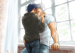 Rule 34 | 2boys, ass, black hair, black hoodie, contemporary, couple, denim, earrings, hood, hoodie, imminent kiss, jeans, jewelry, kokorozashi, leg between thighs, long sideburns, male focus, mature male, multiple boys, muscular, muscular male, one piece, pants, short hair, sideburns, smoker (one piece), thighs, trafalgar law, white hair, window, yaoi